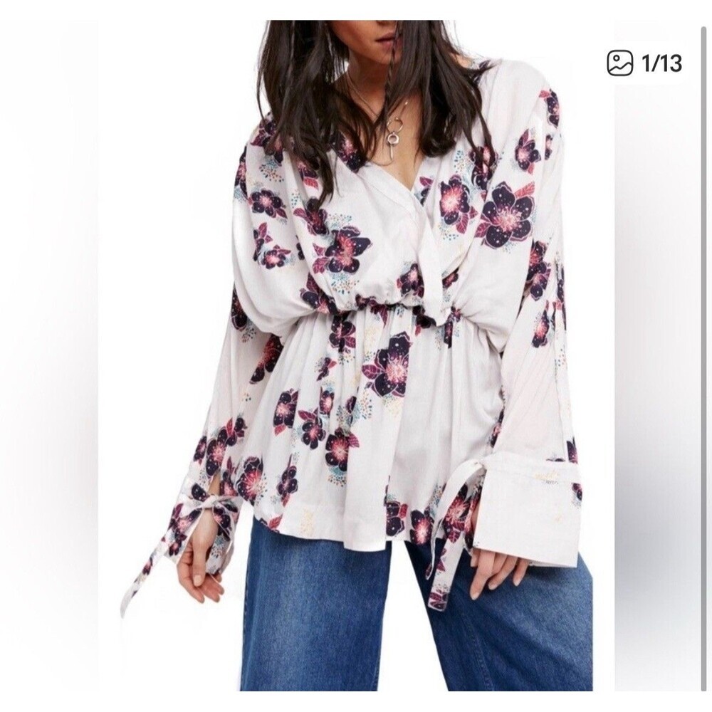 Free People Ivory Floral Wrap Blouse  Tuscan Dreams Womens XS Boho Peplum Top